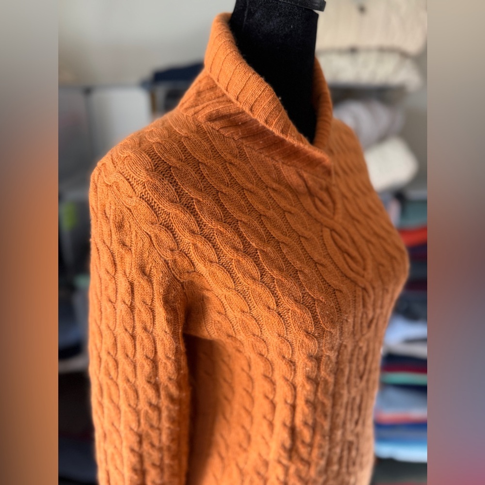 Cashmere Cable Knit Orange Sweater, Shawl Collar. Measures Small-Medium